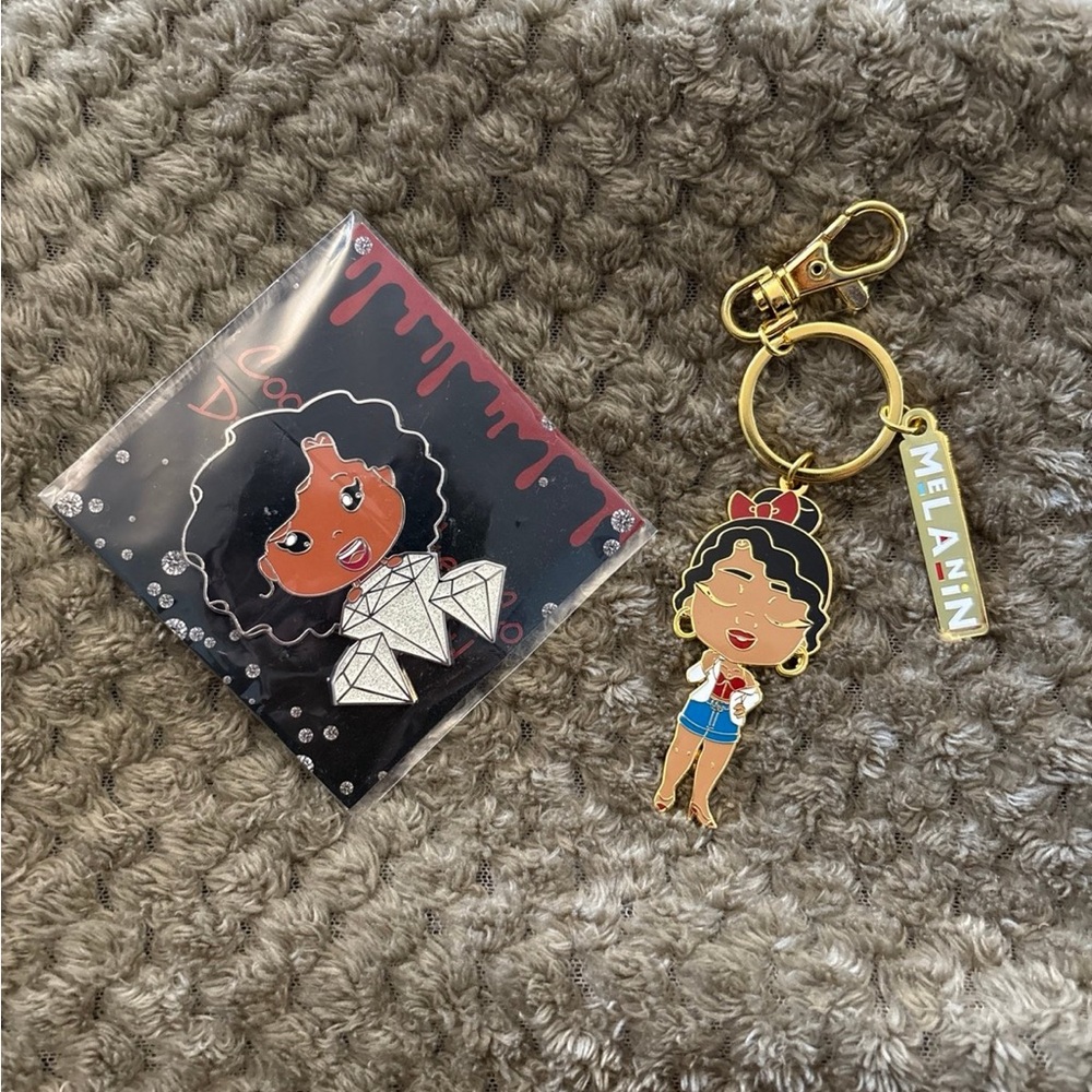Cookie Sticker Co Melanin Gold Accent Girl Keychain and Magnet diamonds